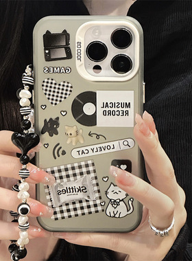 适用于苹果Ipone16ProMax灰色手机壳13潮流少女14Pro缤纷玩趣11猫咪日常11Pro贴纸潮流12ProMax萌趣