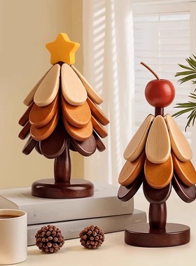 圣诞树隔热垫餐桌高级感摆件创意实木防烫锅垫杯垫碗垫装饰摆件