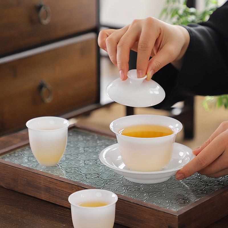 冰种玉瓷高端三才盖碗茶杯单个茶碗带F盖家用防烫茶盏泡茶功夫茶