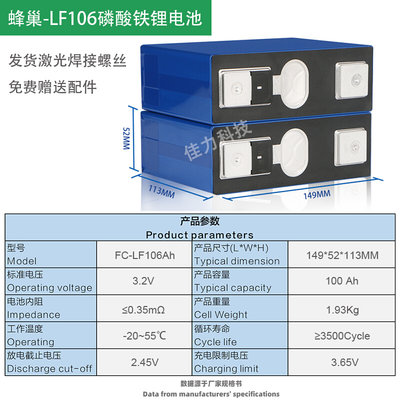 品全新蜂巢3.2v106ah磷酸铁锂大单体电池电动车电源储能铝壳锂电