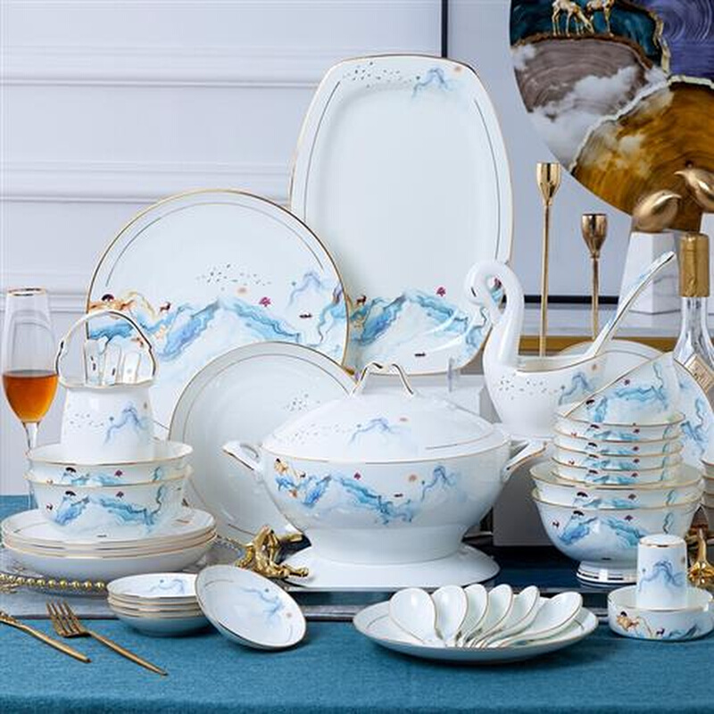 洛威碗碟家用餐具套装碗盘中式高档轻奢金边陶瓷套碗组合锦绣6