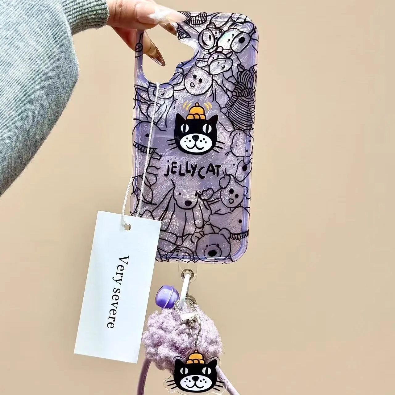 锡纸纹紫底线条小动物黑猫手绳适用iPhone17ProMax手机壳16苹果15