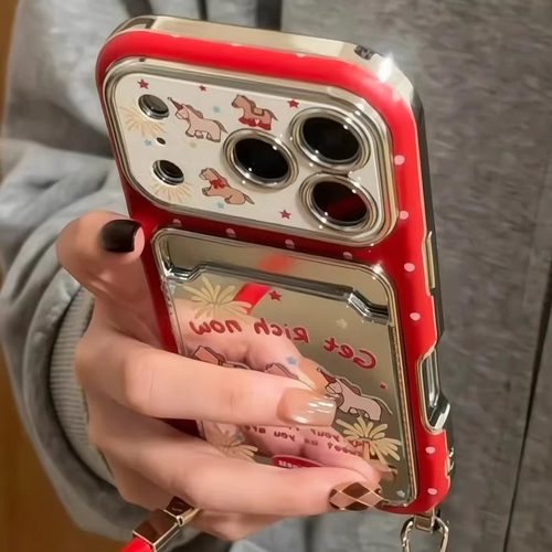 烟花红英文三只小马电镀皮质卡包适用iPhone17ProMax手机壳16苹果
