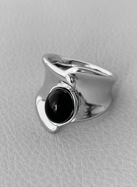 宽版错位黑曜石戒指指环金属ins