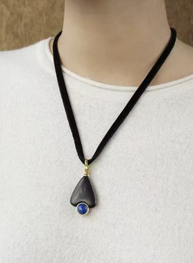 复古黑檀木丝带缠绕长款锁骨链