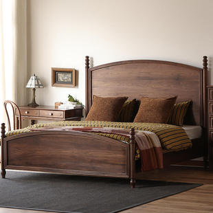 美式 全实木床北美黑胡桃木双人床主卧婚床简约1.8米复古大靠背床