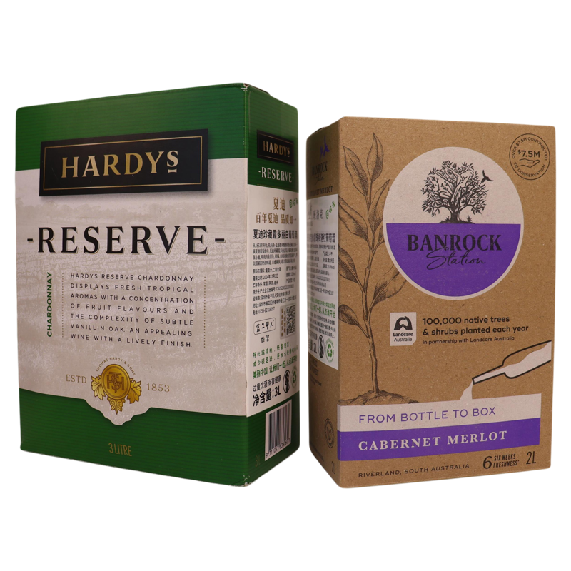 2盒装酒3L+2L夏迪葡萄酒珍藏霞多丽干白+班洛克赤霞珠梅洛混酿