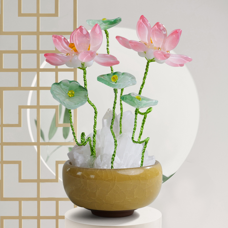 天然水晶荷花发财树办公室摆件