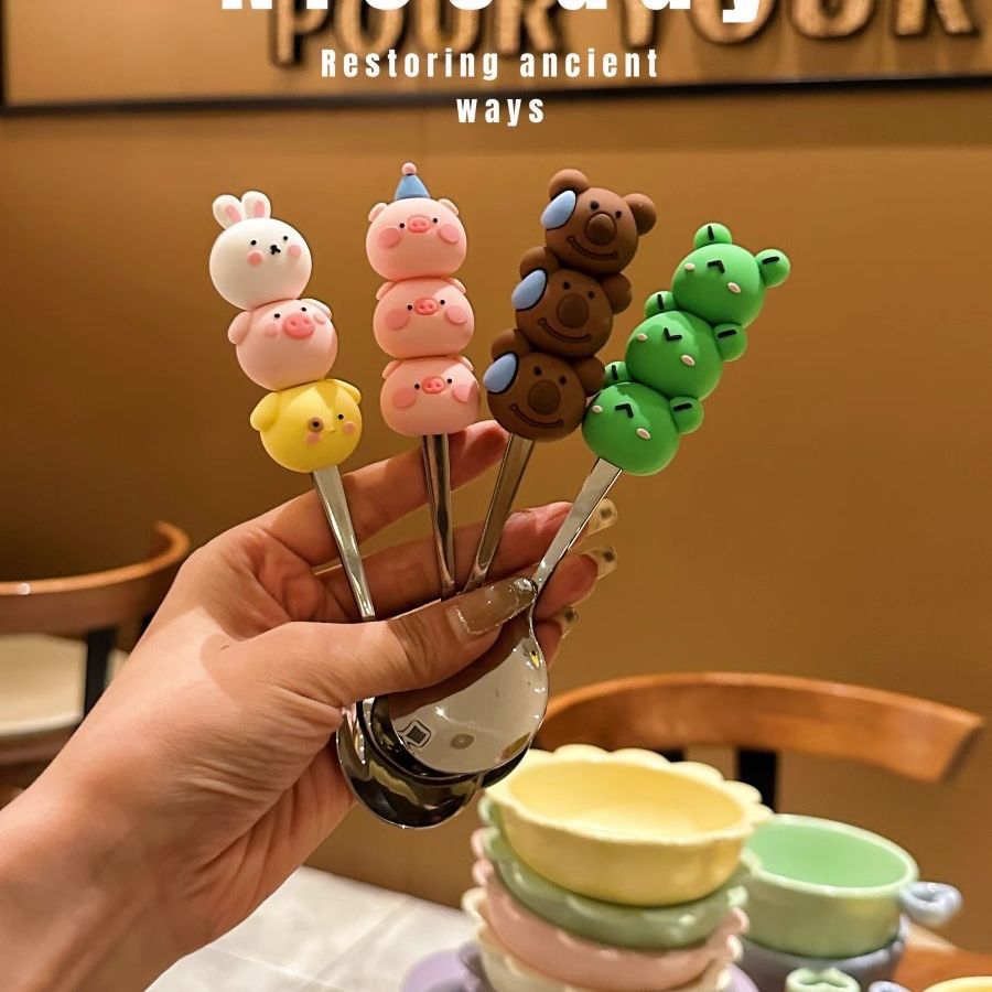 圣诞餐具套装多巴胺彩色撞色小动物卡通防摔甜品勺水果叉不锈钢勺
