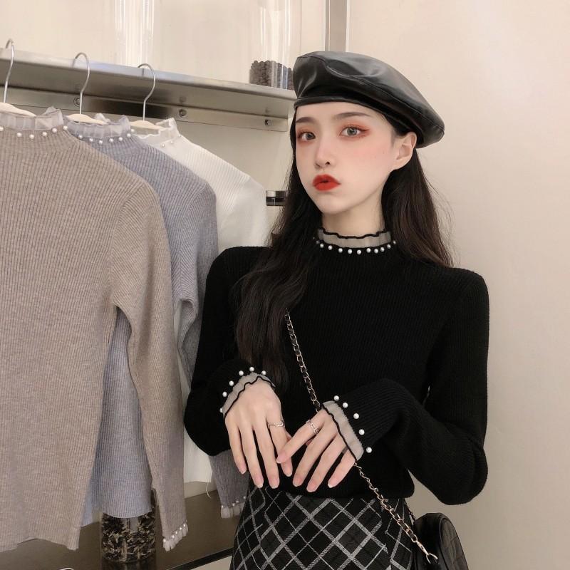 半高领打底衫女秋冬设计感小众洋气内搭毛衣独特别致钉珠针织上衣