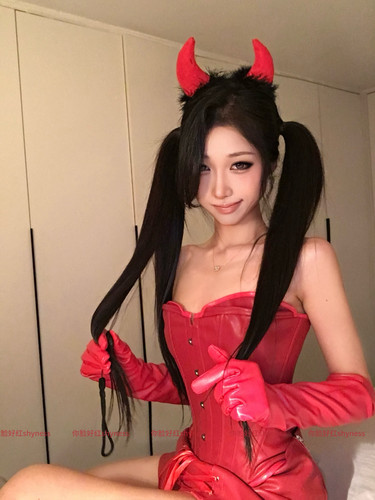 你脸好红shyness-猩红Devil-性感红色pu皮抹胸束腰套装万圣节cos