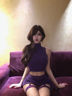 你脸好红shyness-雾漫葡萄-纯御紫色镂空毛衣性感包臀短裙套装