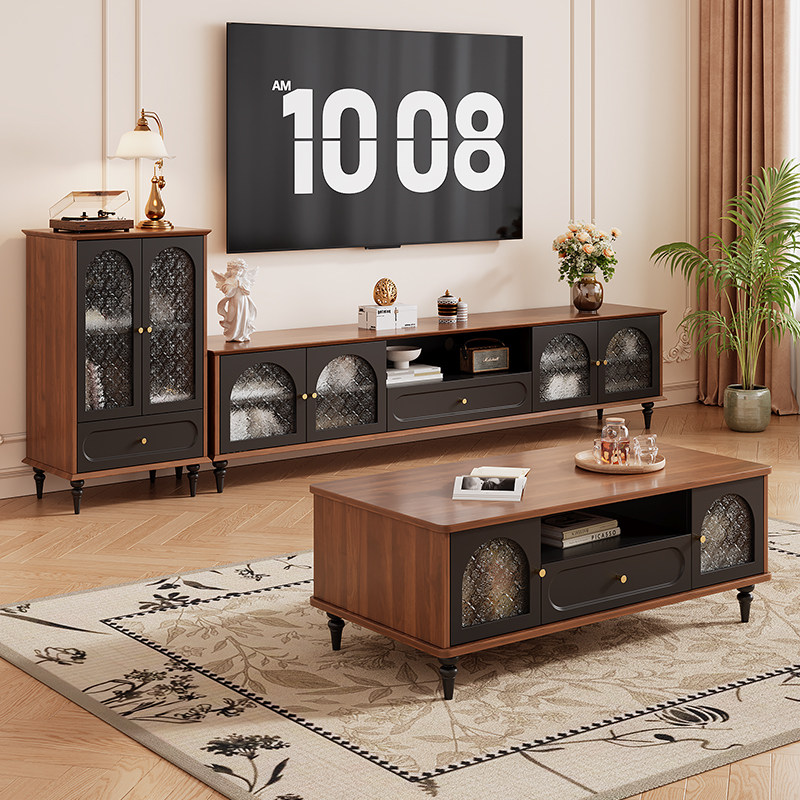 实木电视机柜电视柜客厅家用落地茶几组合小户型法式中古风储物柜