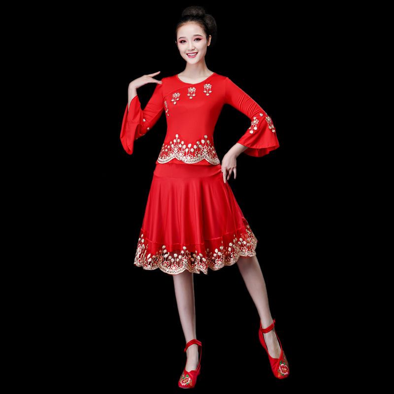 舞蹈服套装女成人中老年跳舞比赛裙子夏季短袖广场舞服装新款套装