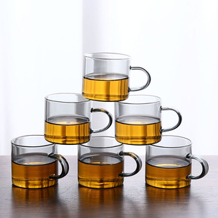 玻璃小茶杯玻璃杯带把品茗杯简约功夫小茶杯6只装 耐高温杯子茶具