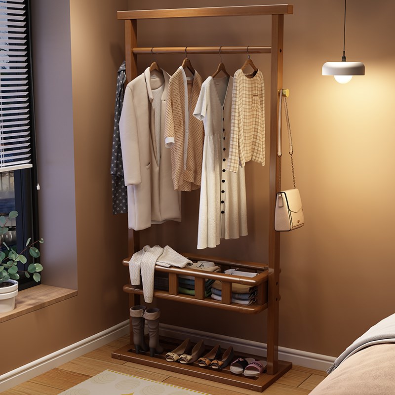 家用卧室落地挂衣架全实木衣帽架鞋架可移动收纳创意凉衣服置物架