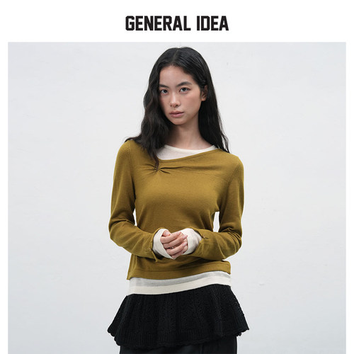【折扣】GENERAL IDEA不规则宽领褶皱假两件打底衫长袖针织衫女修