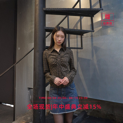【折扣】GENERAL IDEA 韩国正品UMSUK女士系带褶皱格纹衬衫3515