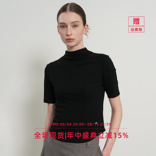 【现】GENERAL IDEA 韩国正品半高领短袖上衣复古正肩T恤女春新款