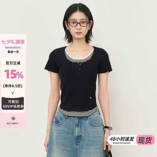 【折扣】General idea 韩国正品拼接假两件条纹短款短袖T恤女修身