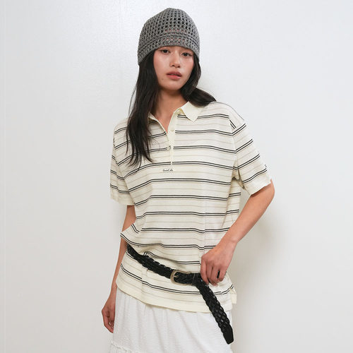 【现】GENERAL IDEA 休闲风宽松条纹翻领针织衫polo领短袖t恤女夏