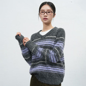 GENERAL 田曦薇同款 IDEA毛毛撞色条纹软糯V领宽松套头毛衣女