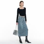 微喇切割线条后开叉弹力通勤休闲牛仔长半裙 idea 现 General