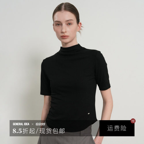 【现】GENERAL IDEA 韩国正品半高领短袖上衣复古正肩T恤女春新款