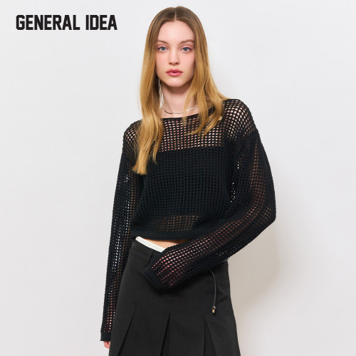 【折扣】General idea 纯棉织休闲网格宽松设计感套头衫长袖女