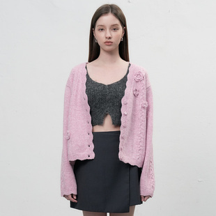 【现】General idea慵懒风立体毛线钩花V领针织开衫少女毛衣外套