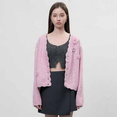 【现】General idea慵懒风立体毛线钩花V领针织开衫少女毛衣外套