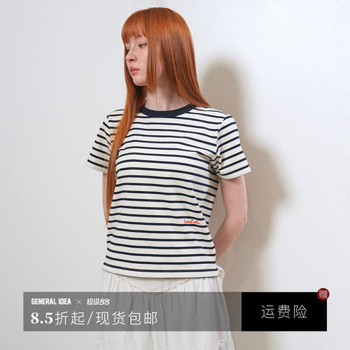【现】GENERAL IDEA 韩国正品条纹圆领休闲短袖T恤女夏新款上衣