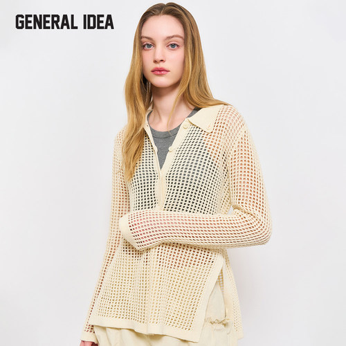 【折扣】General idea 薄款翻领网格心机设计感针织长袖女4524