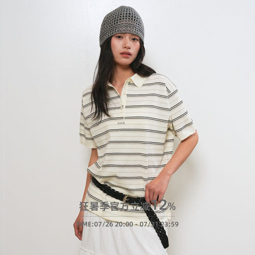 【现】GENERAL IDEA 韩国正品松条纹翻领针织衫polo领短袖t恤女夏