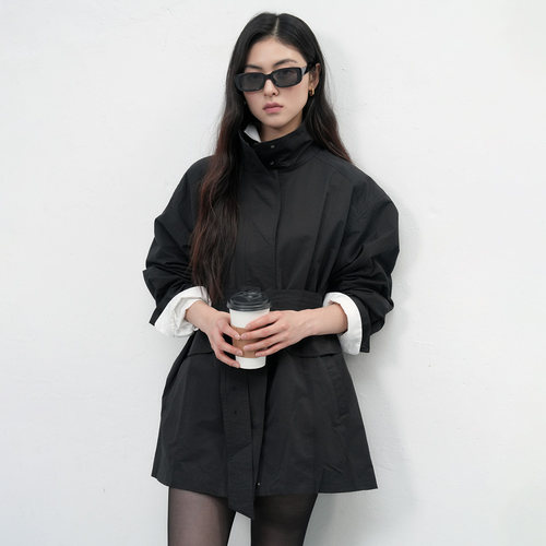 【折扣】General idea挺括茧型腰带立领中款风衣休闲宽松外套女春