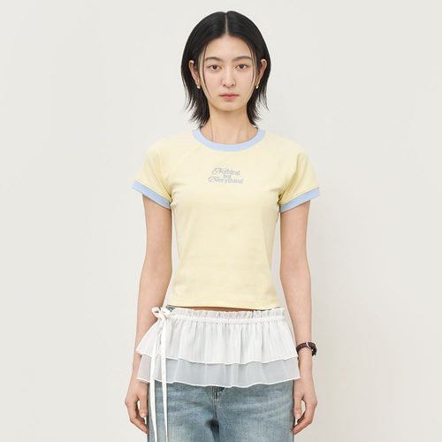 【折扣】General idea清爽字母印花撞色拼接短袖T恤女短款休闲上
