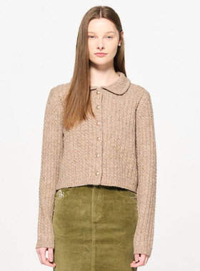 【折扣】General idea复古优雅羊毛混纺绞花针织翻领开衫4538