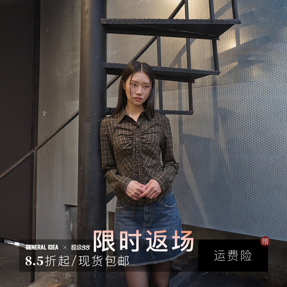 【折扣】GENERAL IDEA 韩国正品UMSUK女士系带褶皱格纹衬衫3515