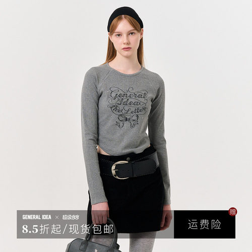 【折扣】General idea 韩国正品式蝴蝶结印花修身圆领长袖女春秋