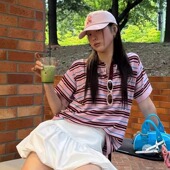 现 General idea春夏复古配色条纹Polo衫 短袖 T恤宽松上衣女