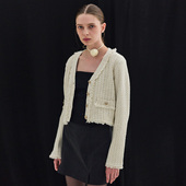 现 GENERAL IDEA 拼接流苏高级毛边V领粗花呢编织微短款 外套女