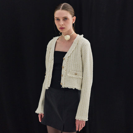 【现】GENERAL IDEA拼接毛边V领粗花呢编织外套9501
