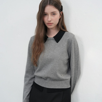 【现】General idea拼接撞色假两件套头针织衫毛衣长袖休闲女上衣