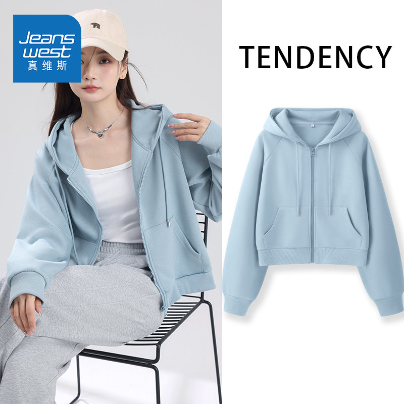 真维斯蓝色连帽卫衣女秋冬2026新款拉链开衫短款高级感运动外套