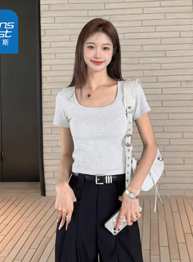 真维斯灰色方领短袖女t恤2026新款夏季爆款女士修身收腰上衣AA