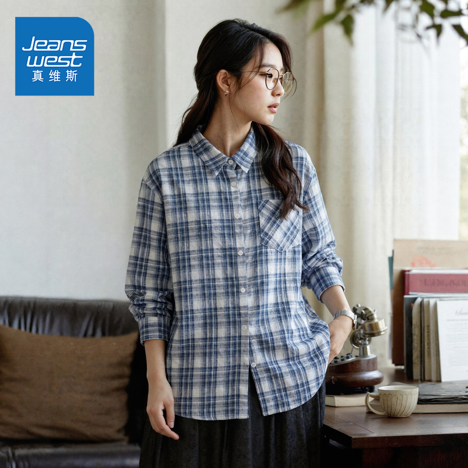 真维斯蓝色格子衬衫女2026新款文艺洋气复古港风宽松长袖上衣外套,女装/女士精品,衬衫,淘宝优惠券,粉丝福利购,淘宝优惠卷