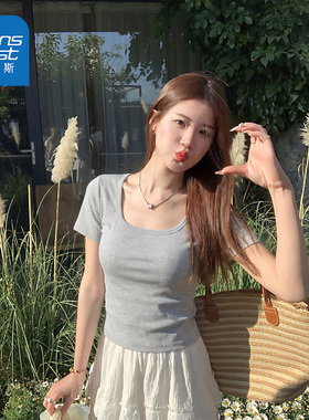 真维斯灰色方领短袖女t恤2026新款夏季爆款女士修身半袖上衣女AA