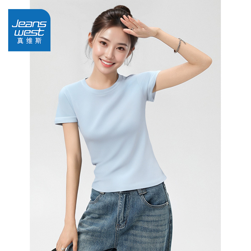 真维斯女夏新款圆领正肩短袖t恤