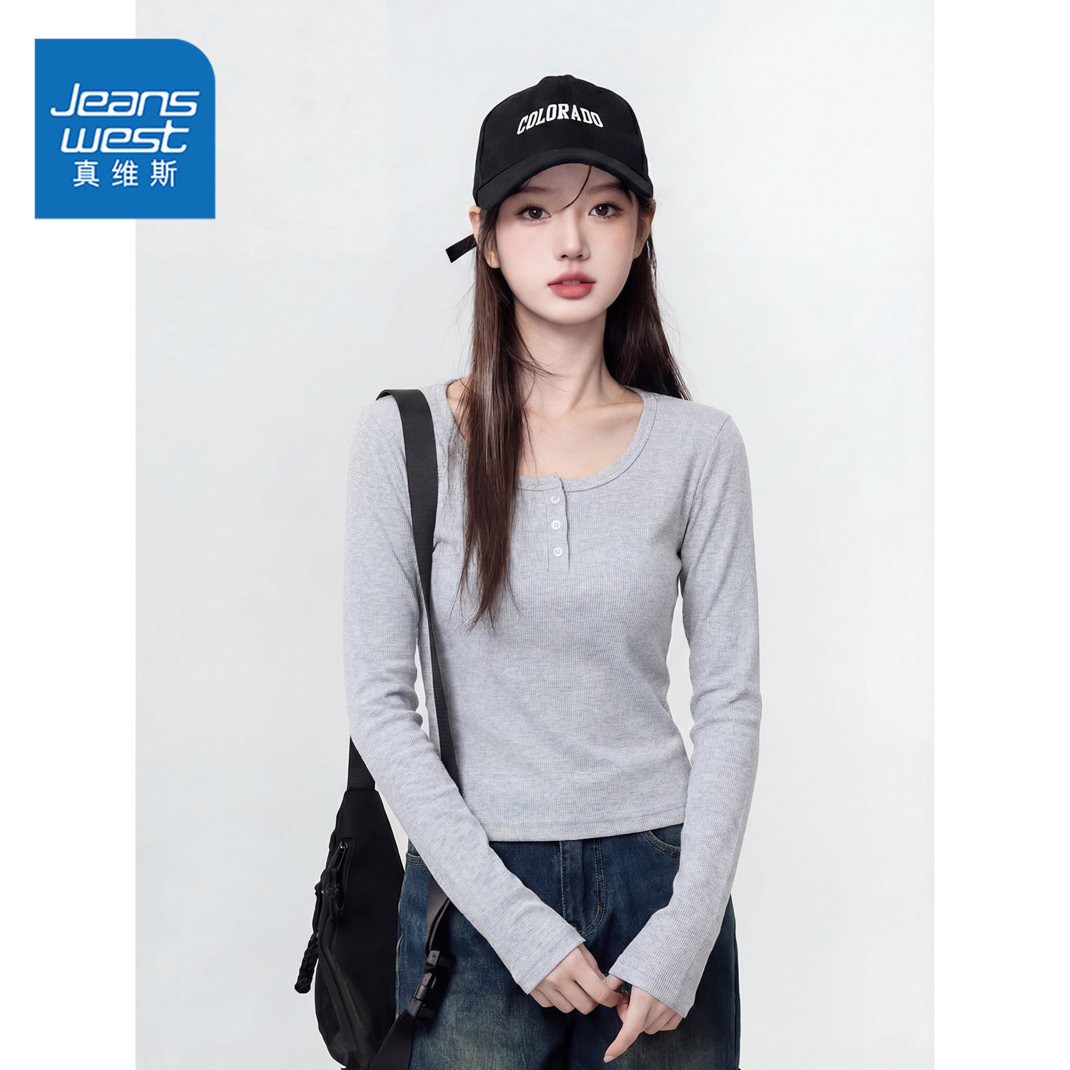 真维斯灰色纽扣半开领长袖内搭打底衫女春秋正肩U领T恤修身上衣W,女装/女士精品,T恤,淘宝优惠券,粉丝福利购,淘宝优惠卷