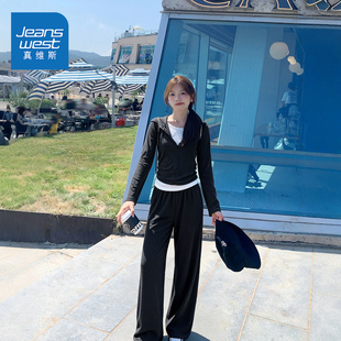 真维斯黑色假两件上衣女2026早春新款洋气运动慵懒一整套穿搭套装